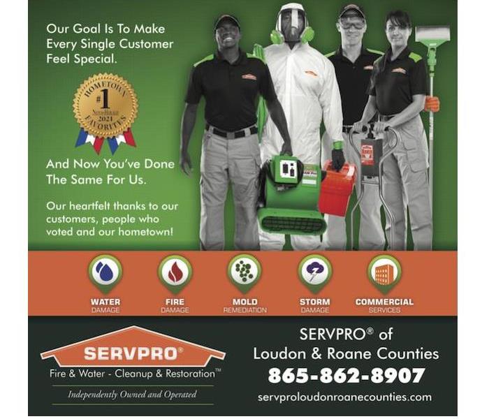 SERVPRO professionals holding equipment; Local SERVPRO info at bottom