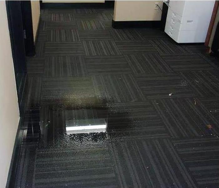 water puddle on carpeted, tiled floor , file cabinet